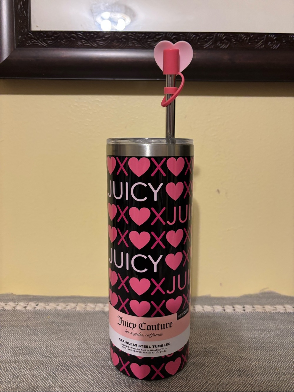 Juicy Couture Black and Pink Heart Pattern Stainless Steel Tumbler